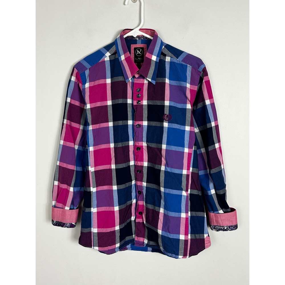Au Noir Blue Pink Plaid Button Down Collared Shirt‎ Mens Sz 3 Medium Long Sleeve
